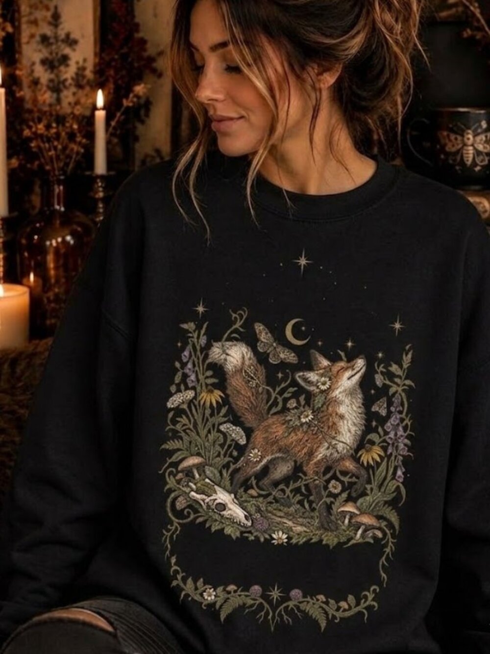 Feral Ladies Sweater, Fox Moth Goblincore Whimsigoth Graphic